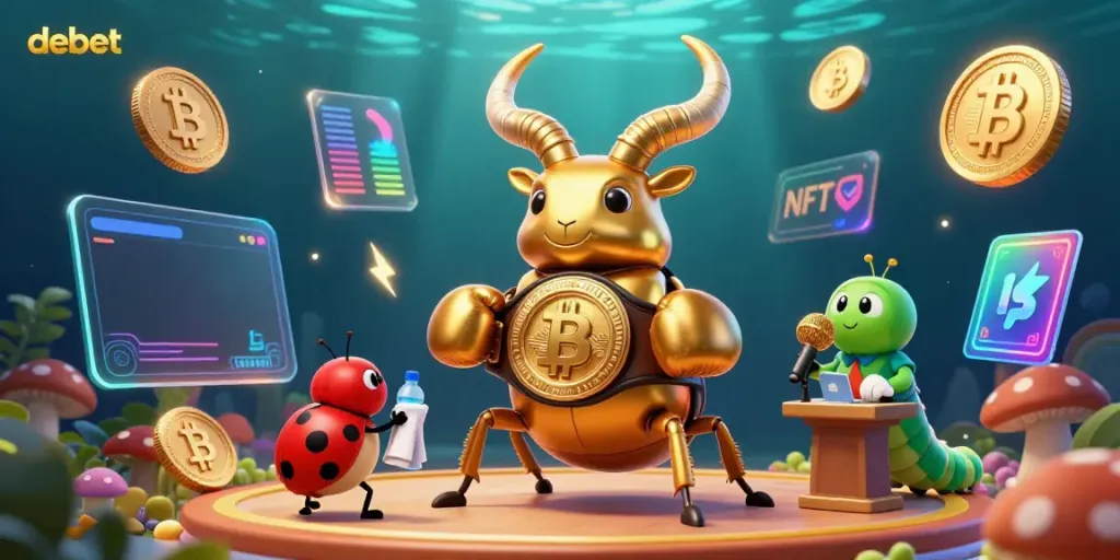 Join the debet action as the golden stag beetle faces off, surrounded by crypto coins and vibrant digital elements.