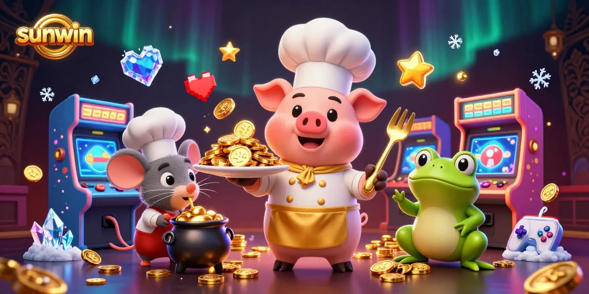 Win big with Sunwin in this cartoon casino scene featuring a chef pig and golden delights.