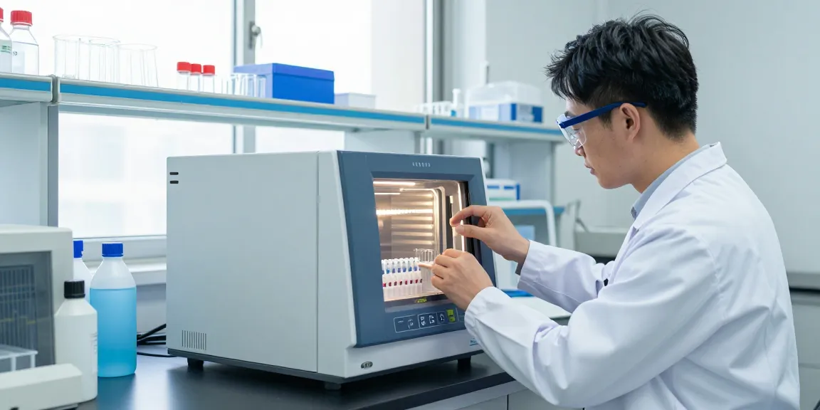Inkubator Analysator in einer klinischen Laborumgebung, wo ein Techniker Gasproben untersucht.