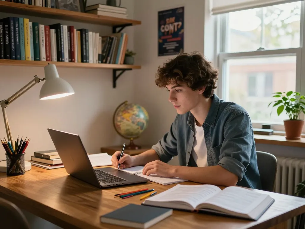 Student, der in einem gemütlichen Arbeitszimmer mit Hausaufgaben KI kostenlos auf einem Laptop lernt.