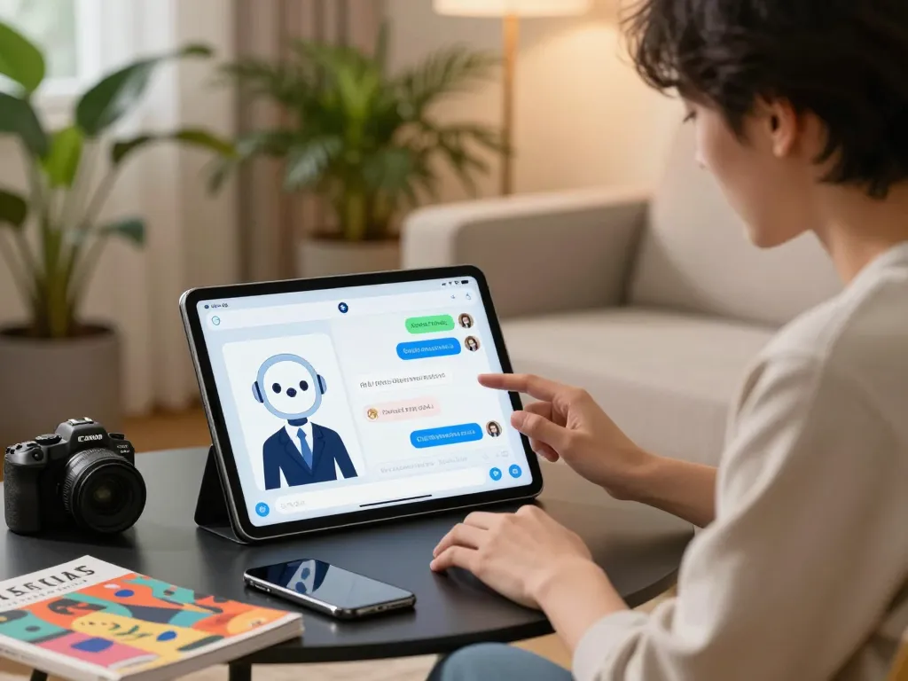 User engaging with an nsfw chat bot on a tablet in a cozy modern setting, enhancing digital interaction experiences.