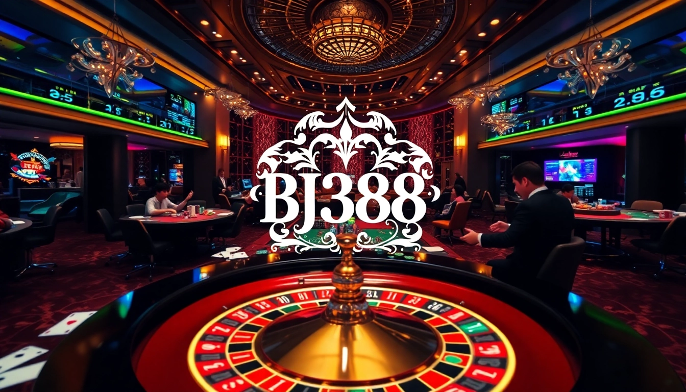 Experience thrilling gambling at BJ388 with immersive casino visuals featuring roulette, dice, and vibrant tables.