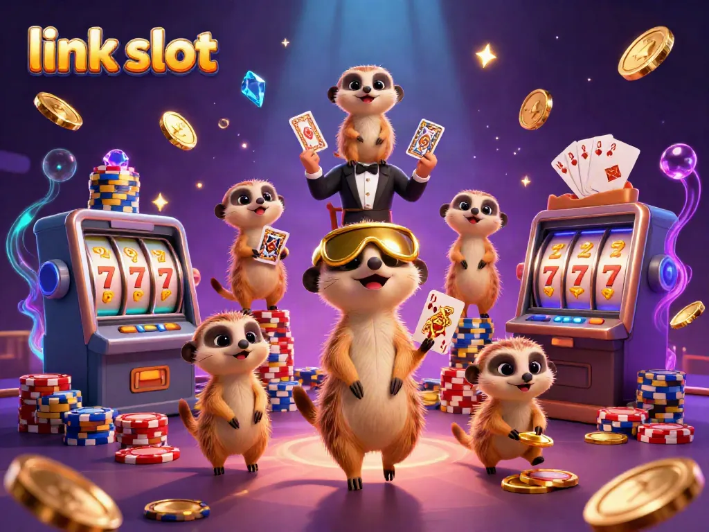 Experience the thrill with link slot featuring lively meerkats orchestrating a vibrant casino scene full of excitement.