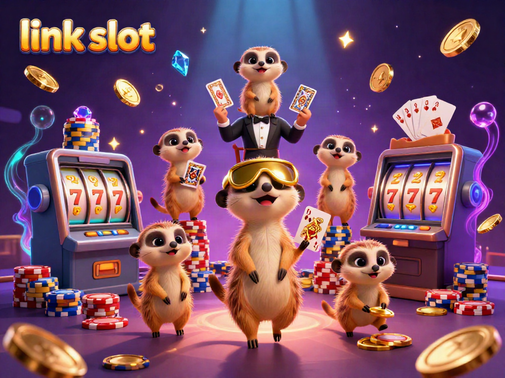 Experience the thrill with link slot featuring lively meerkats orchestrating a vibrant casino scene full of excitement.