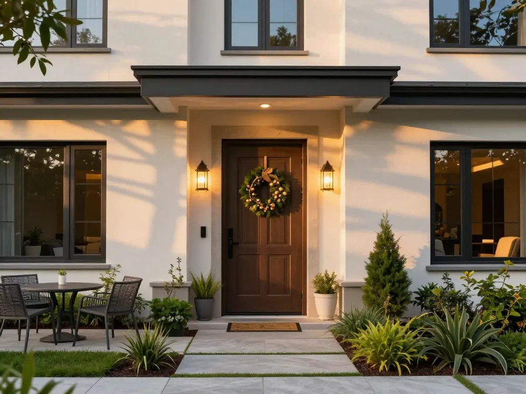 Stilvolle Haustür, die den modernen Hauseingang mit einladenden Porch-Lichtern und üppigem Grün verbessert.