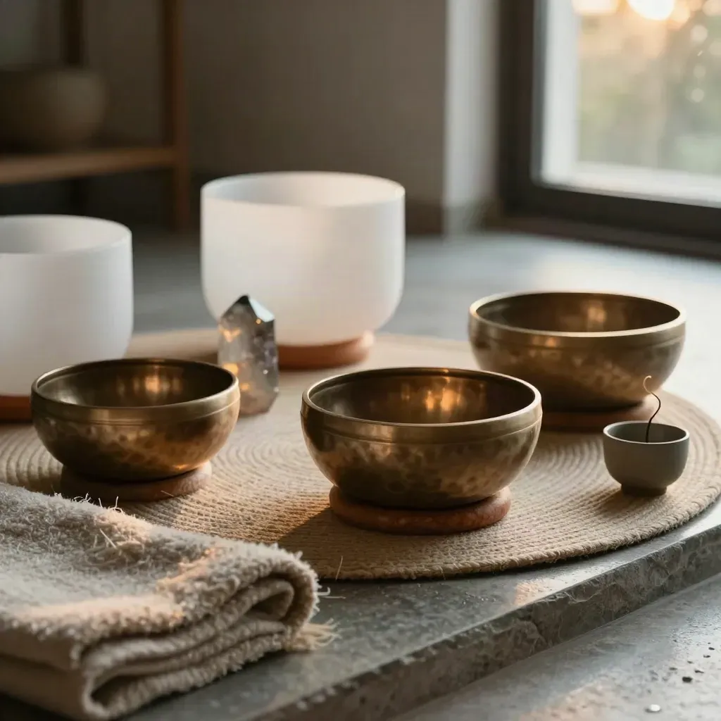 Nahaufnahme eines ruhigen Wellnessraums mit Klangschalen, Rauchquarz und Räucherspur.