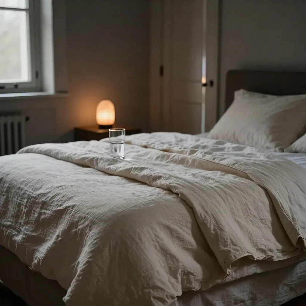 Dunkles Schlafzimmer mit Leinenbettdecke, Salzlampe, Wasserglas und schmalem Türspalt im Abendlicht