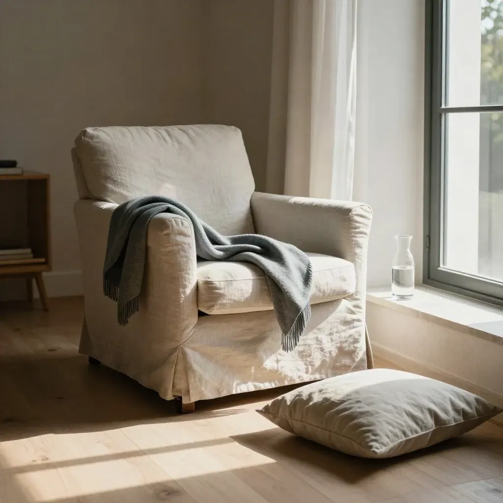 Offene Fensterfront mit Sessel, Schal und Wasserkaraffe im ruhigen Wellnessraum.