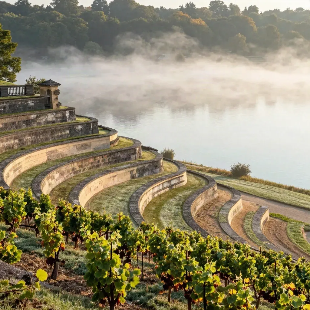 Morgendliche Sanssouci-Terrassen mit See, Nebel und hellen Steinbändern in Potsdam.