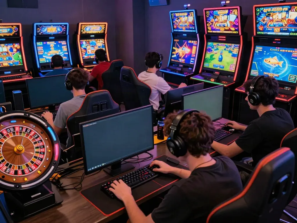 Engaged players enjoying diverse games at an exciting online gaming platform at https://ta888.br.com/ with vibrant digital displays and a lively atmosphere.