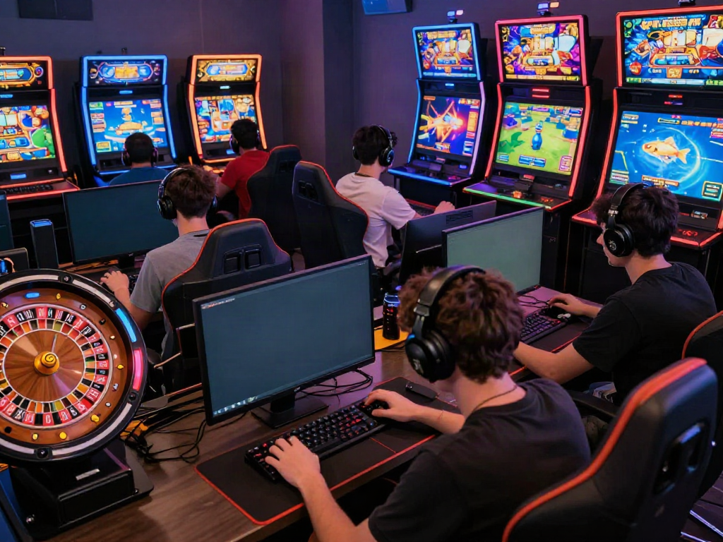 Engaged players enjoying diverse games at an exciting online gaming platform at https://ta888.br.com/ with vibrant digital displays and a lively atmosphere.