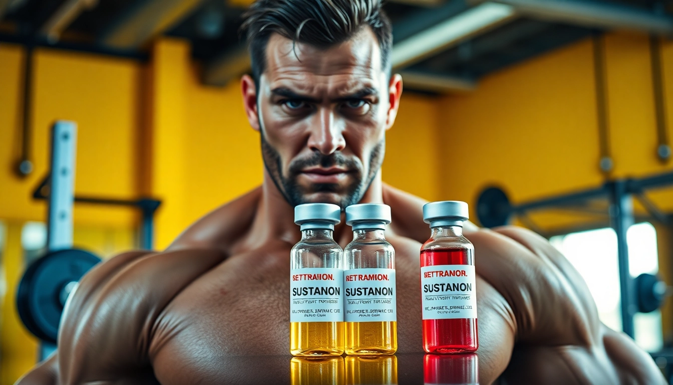 Sustanon kaufen in einer Trainingsumgebung mit einem Bodybuilder und Fitnessgeräten im Hintergrund.