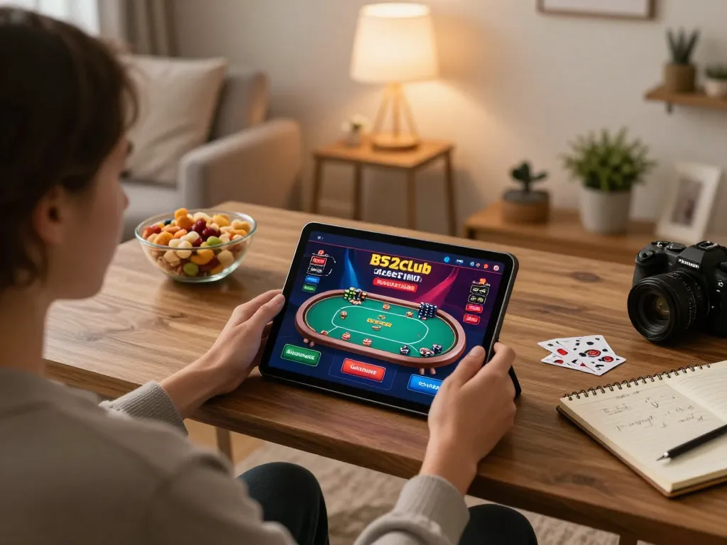 Player using B52club app on a tablet to engage in exciting online gambling strategies at home.