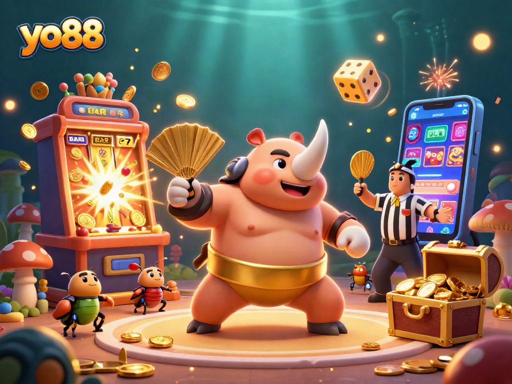 Enjoy thrilling yo88 gaming with our fun 3D illustration featuring a beetle sumo champion and jackpot elements.