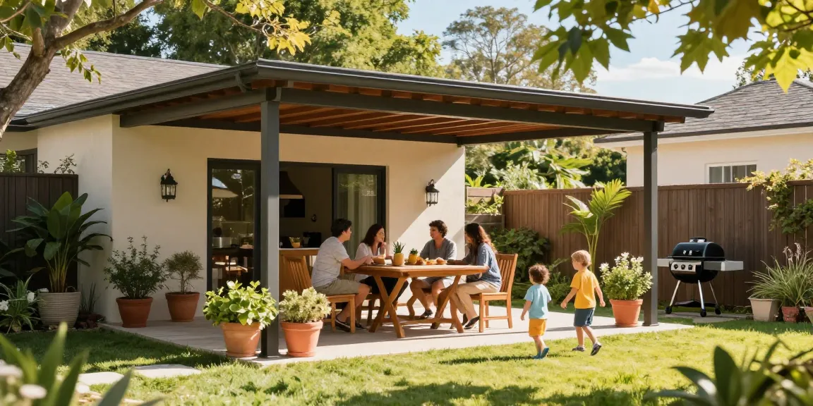 Terrassenüberdachung freistehend in einem einladenden Garten mit einer Familie, die entspannt unter dem Vordach sitzt.