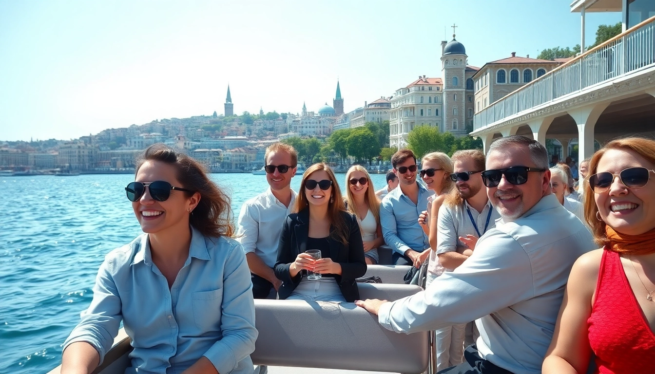 Bosphorus daytime cruise showcasing tourists enjoying the scenic view of Istanbul's skyline.
