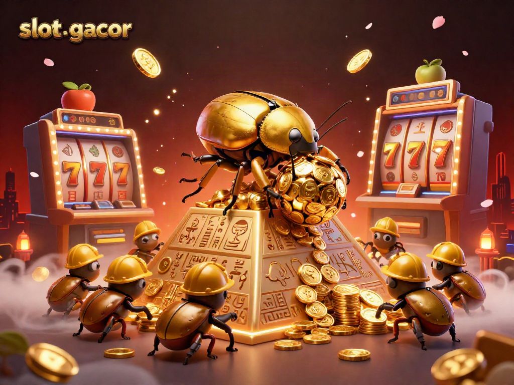 Experience thrilling slot gacor action with a golden beetle and vibrant casino elements.