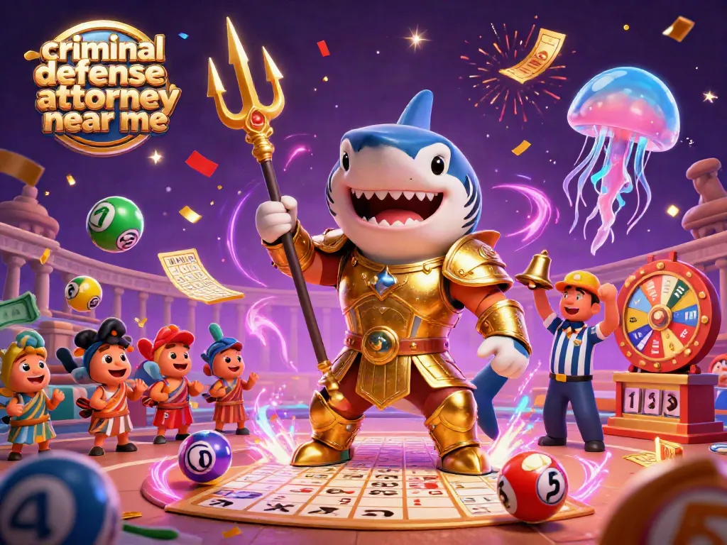 Experience the excitement of a cartoon casino scene with a criminal defense attorney near me theme, showcasing dynamic lottery elements.