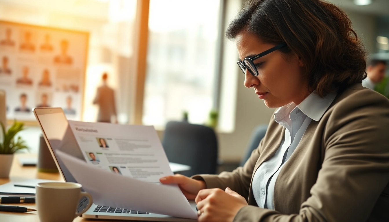 Headhunter Schweiz analysiert Bewerbungen in einem modernen Büro mit Distriktmappen.