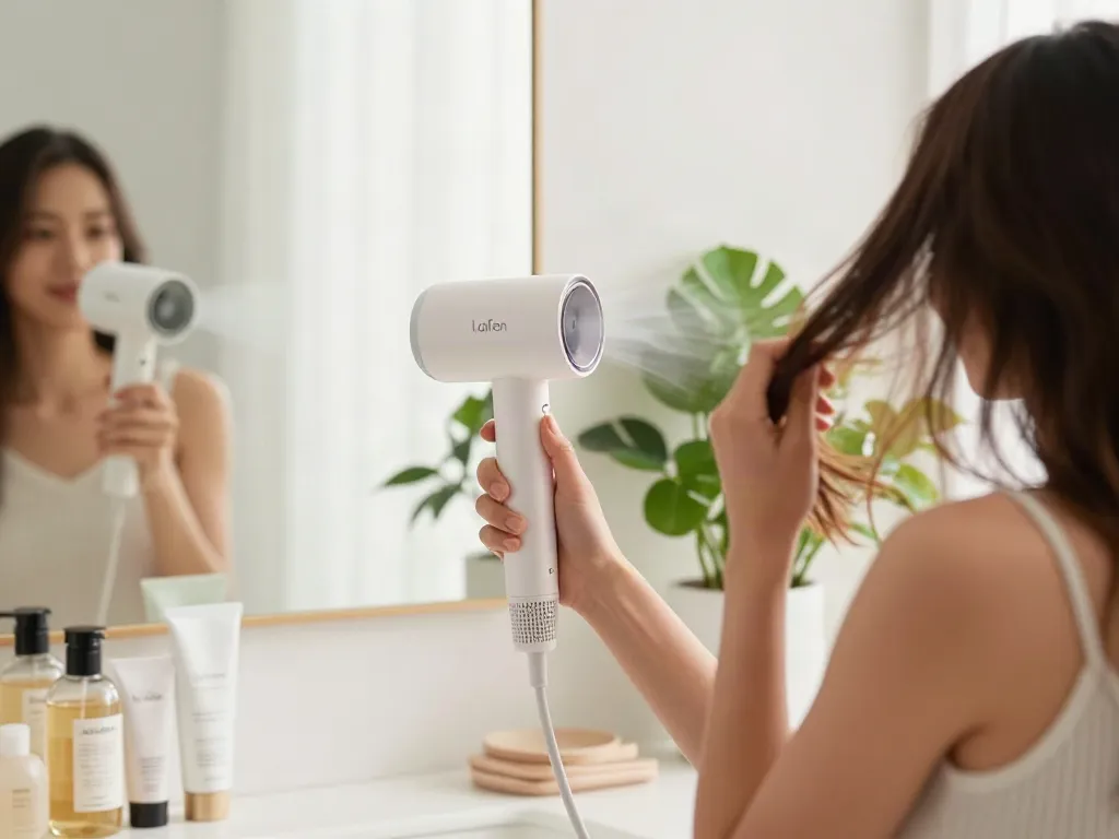 Laifen de Haartrockner im Einsatz während einer morgendlichen Beauty-Routine mit frischen Produkten und natürlichem Licht