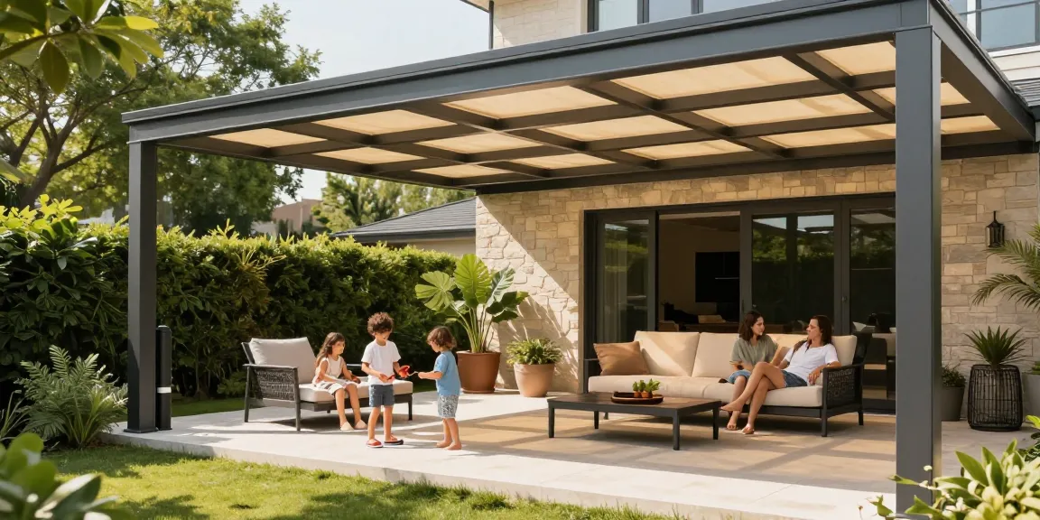 Moderne Terrassenüberdachung mit Familie im Garten, die den Sommer genießt