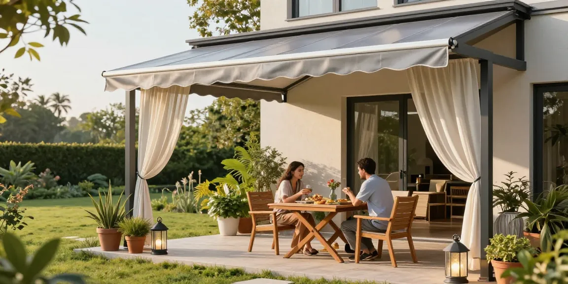Terrassenüberdachungen im modernen Garten mit einem Paar, das ein Essen unter einem stilvollen Aluminiumdach genießt.