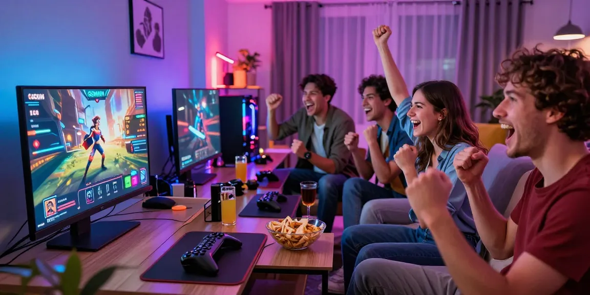 Engaged friends playing GEMWIN games together in a lively setting at home, showcasing online gaming excitement on https://gemwin.pics/.