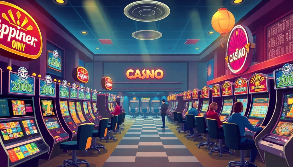 Bonus casino: Gewinne und Freispiele auf bunten Spielautomaten in einem modernen Casino genießen.