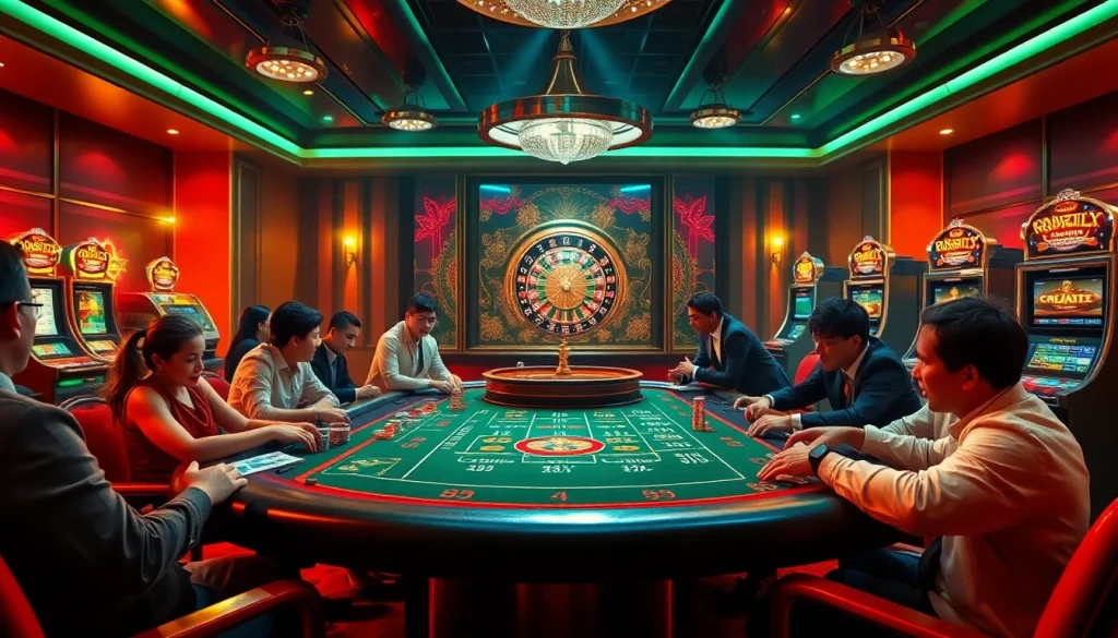 Excited players engage on a high-stakes poker table at rr88com, with roulette and slot machines in the background.