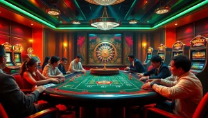 Excited players engage on a high-stakes poker table at rr88com, with roulette and slot machines in the background.