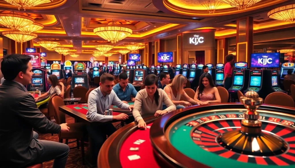 KJC casino scene with players enjoying poker at a luxurious table, showcasing high-stakes excitement.