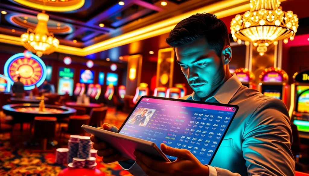 Experience the vibrant BJ38 betting interface amidst a luxurious casino scene.