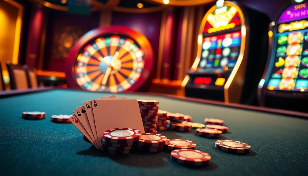 Experience the excitement of BDTK1 with a vibrant casino scene featuring poker and roulette.