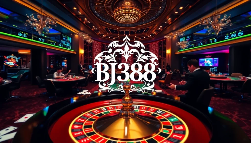 Experience thrilling gambling at BJ388 with immersive casino visuals featuring roulette, dice, and vibrant tables.