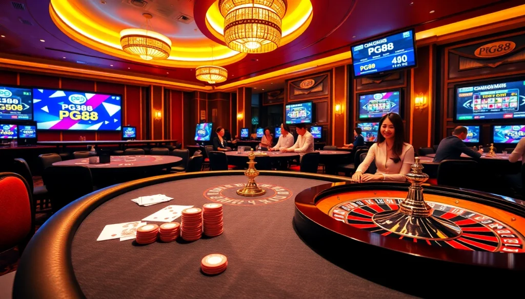 Exciting PG88 casino scene with players at a poker table enjoying high-stakes action.