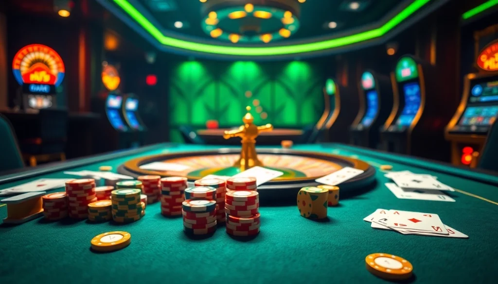 Engaging gameplay of game bài đổi thưởng with vibrant table setting and poker chips.