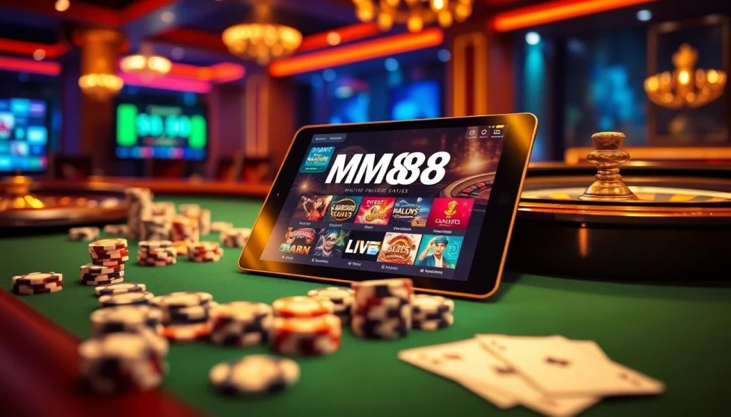 Experience thrilling gaming at https://mm88.agency/ with vibrant casino visuals featuring poker chips and a digital gambling interface.