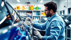 Autopflege Shop mit professioneller Fahrzeugbeschichtung und glänzenden Reinigungsprodukten.