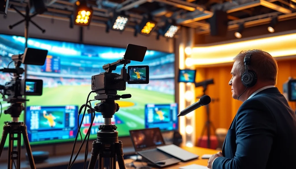 Engaging scene of sports broadcasting with dynamic studio setup featuring live game action.