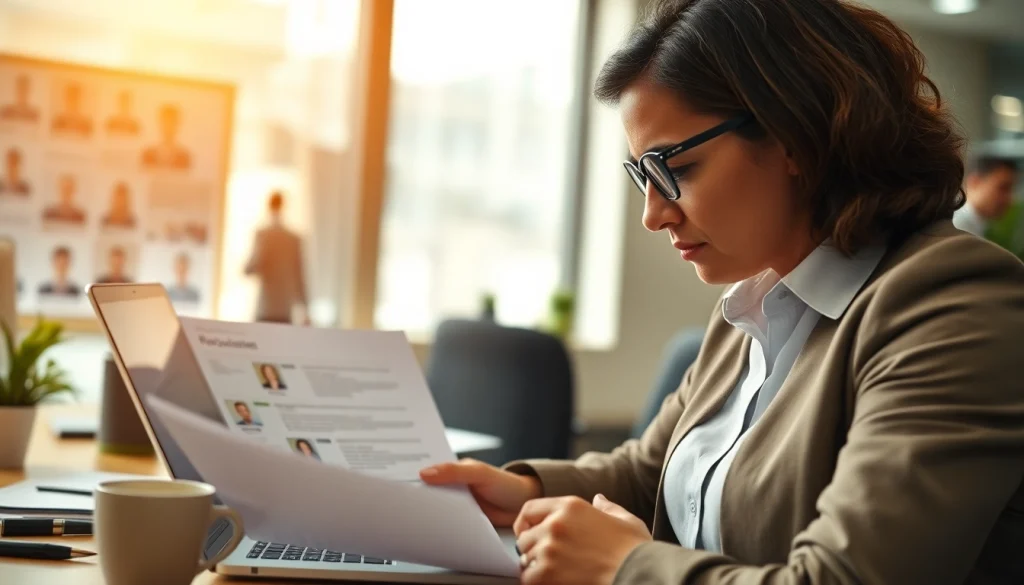 Headhunter Schweiz analysiert Bewerbungen in einem modernen Büro mit Distriktmappen.