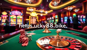Experience excitement at https://lucky88.bike/ with a vibrant casino scene featuring roulette and slot machines.