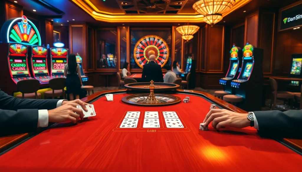 The exhilarating casino experience at https://da88.education/ showcases players at a blackjack table with vibrant chips and cards.